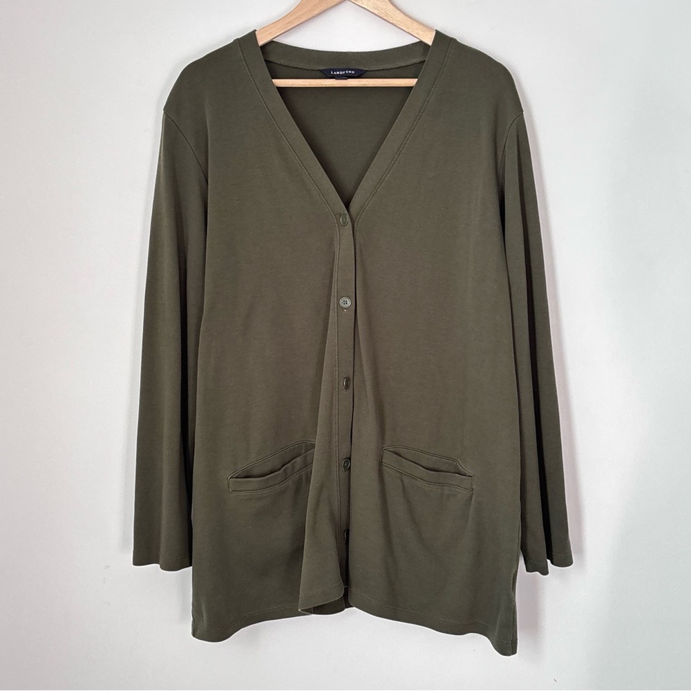 Lands' End Green Jersey Cardigan w/ pockets Neutral Minimalist Size 20W-22W b126